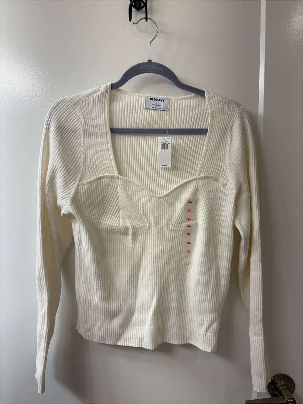 NWT OLD NAVY WHITE SWEETHEART NECK RIB KNIT LONG SLEEVE PULLOVER SWEATER SZ XL